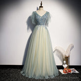 Lovely Tulle with Beaded V-neckline Long Party Dress, A-line Prom Dress Evening Dress